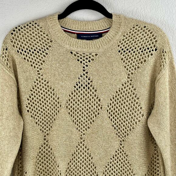 Tommy Hilfiger Tan Gold Metallic Knitted Open Stitch Argyle Sweater Small NWT - Picture 5 of 12